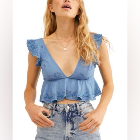 Free People Tops - Free People Hard To Handle Top small blue beaded flutter sleeve